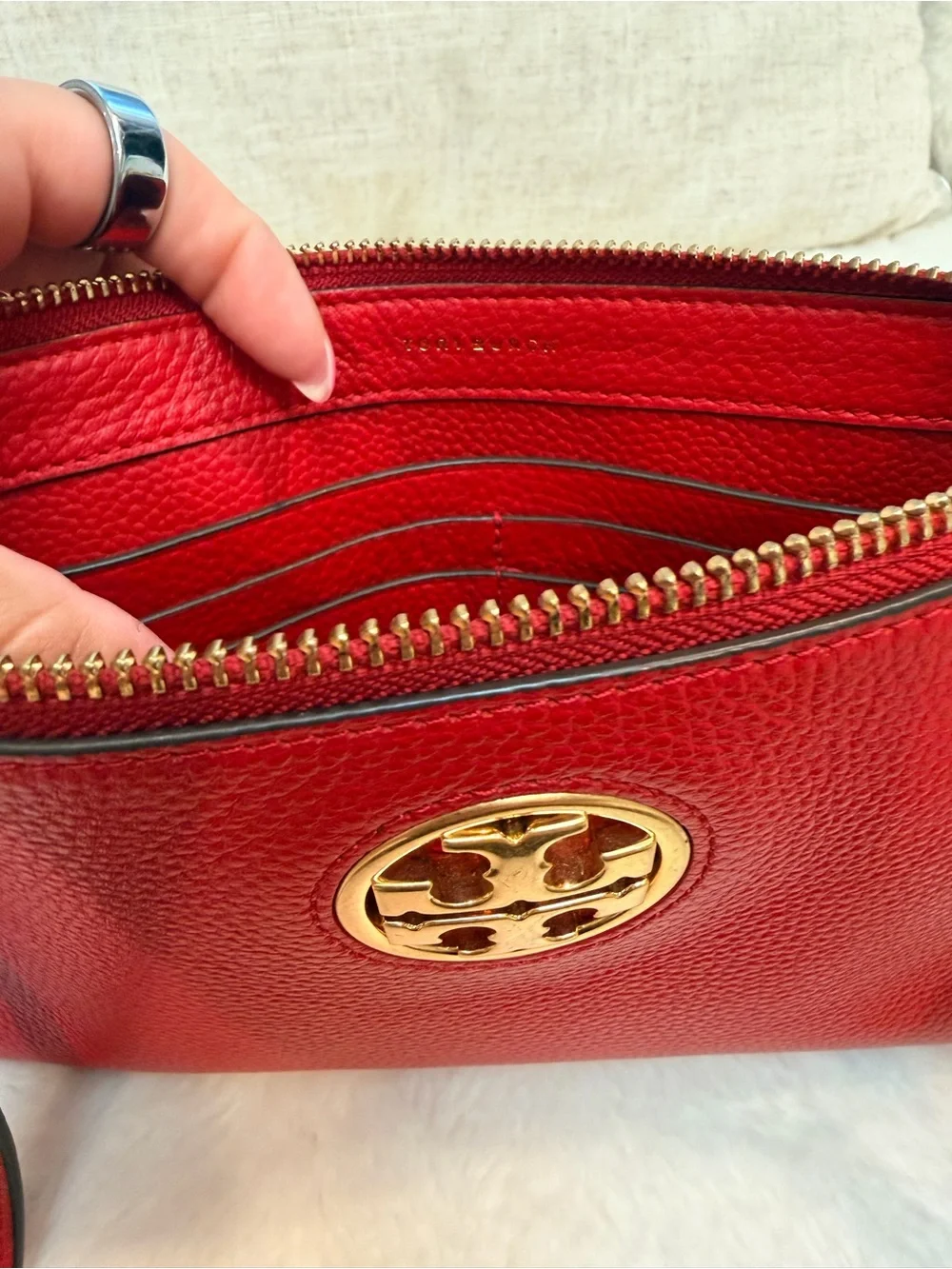 Tory Burch Red Pebbled Leather Crossbody with Gold Emblem